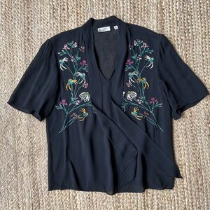 Little Moon Aritzia Black Sheer Blouse Floral Embroidery Size XS